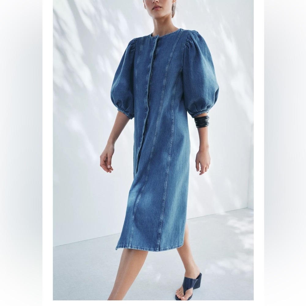 NWT Zara Blue Denim Midi Dress with Balloon Sleeves - Picture 5 of 12